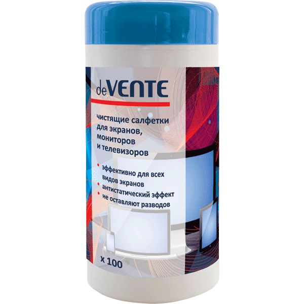 Салфетки чистящие для экранов и мониторов deVENTE, 100 шт., нетканый материал, в тубусе