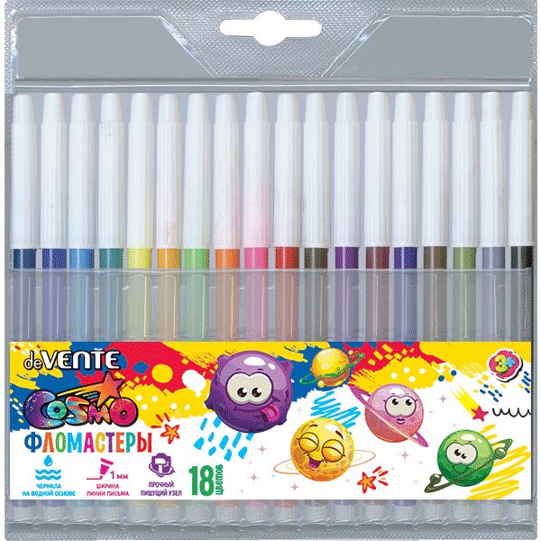 Фломастеры 18 цветов deVENTE Cosmo, круглые, чернила на в/о, ШЛ 1.0 мм, бел. вент. колпачок, пвх уп.