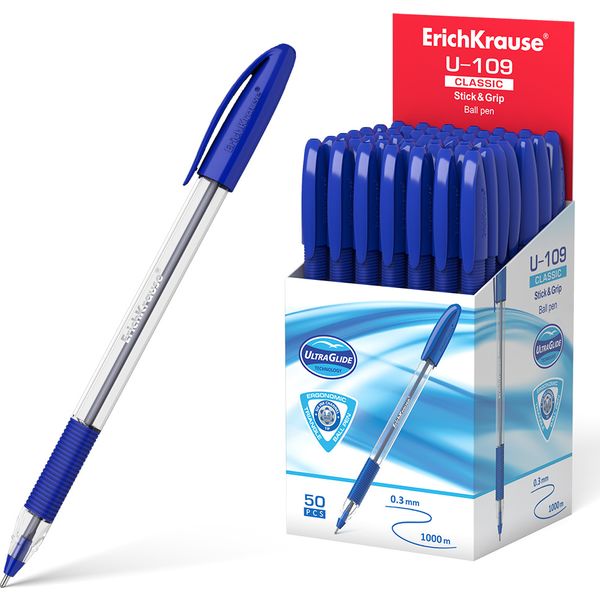 Ручка шариковая синяя, 1.0 мм "игла", эрг. грип, прозр. корп., ErichKrause U-109 Stick&Grip Classic