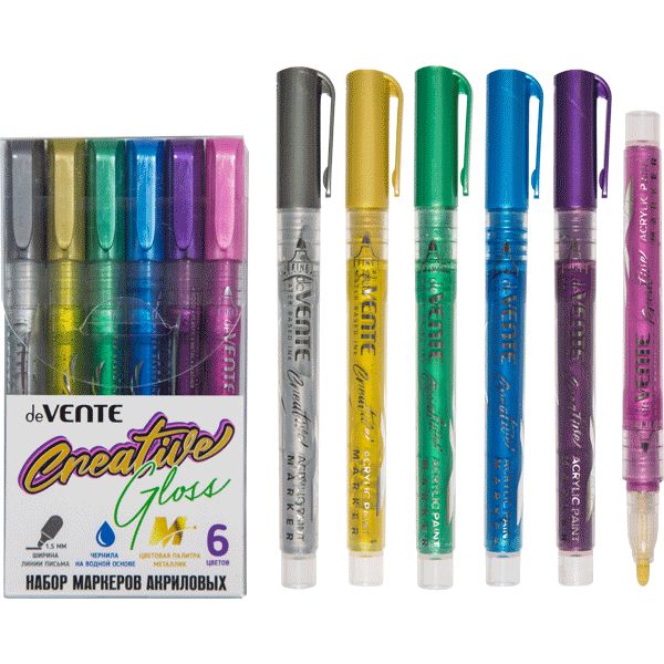 Маркеры акриловые deVENTE Creative Gloss, набор 6 цв. (металлик), пулевидный н-к, 1.5 мм
