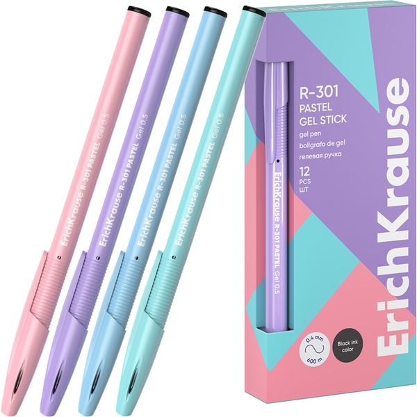 Ручка гелевая черная, Ø 0.5 мм, лин. 0.4 мм, ДП 600 м, рифл. грип, ErichKrause R-301 Gel Stick Pastel_4 дизайна