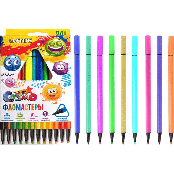 Фломастеры 24 цвета, чернила в/о, вент. колпачок, трехгранные, ШЛ 1 мм, deVENTE Cosmo (к/к)