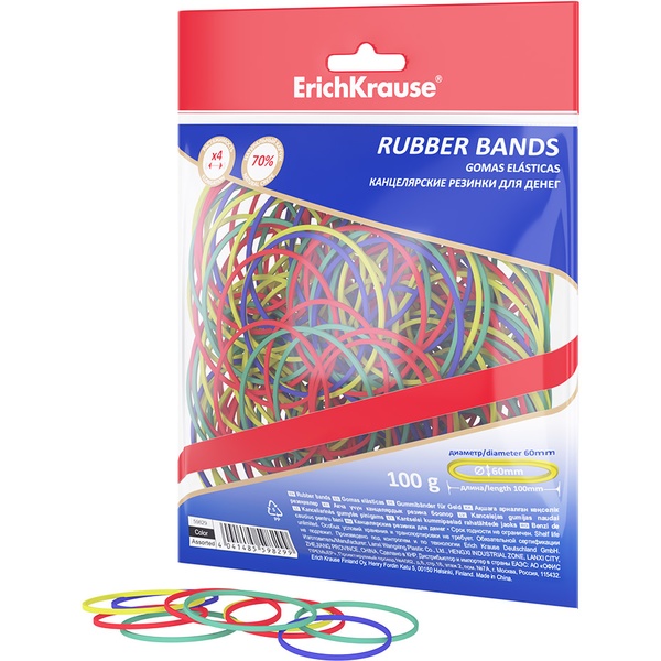 Резинки банковские канцелярские, Ø60 мм, 100 г (п/п), каучук 70% , микс цветов, ErichKrause