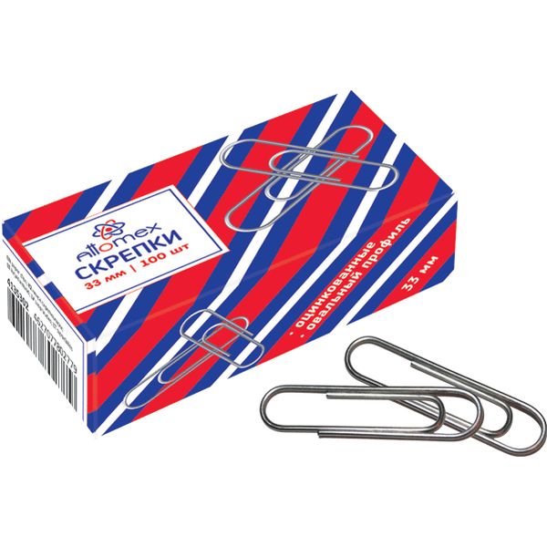 Скрепки 33 мм, оцинкованные, овальные, 100 шт., к/к, Attomex