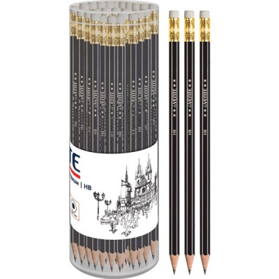 Карандаш чернографитный с ластиком, HB, деревянный, шестигранный, черно-серебристый, deVENTE