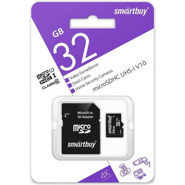 Карта памяти micro SDXC 32 Гб, U1 V 10 (class 10), R/W: 95/20 Мб/с, 4K Ultra HD, адаптер, Smartbuy