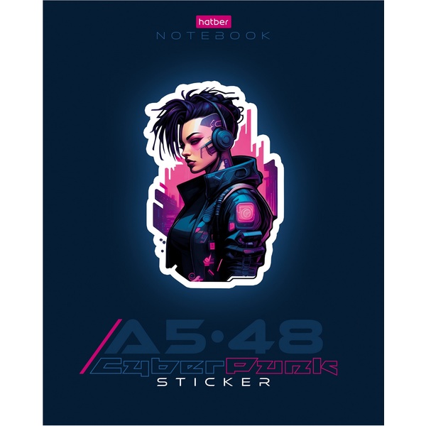 Тетрадь А5, клетка, 48 л., на скобе, 65 г/м², выб. лак, Hatber Cyberpunk sticker (акционный товар)