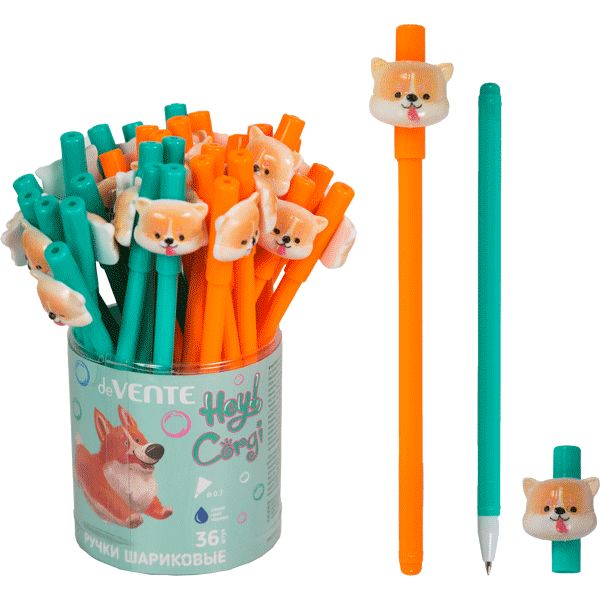 Ручка шариковая с декором, синяя, 0.7 мм, круг. корп., deVENTE Hey Corgi_2 дизайна Ручка шариковая с декором, синяя, 0.7 мм, круг. корп., deVENTE Hey Corgi_2 дизайна