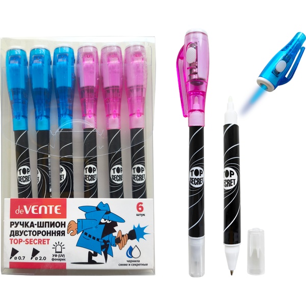 Ручка-шпион, синяя, 0.7 мм/0.2 мм (двусторонняя), UV фонарик, deVENTE Top Secret (батарейки в комплекте) 