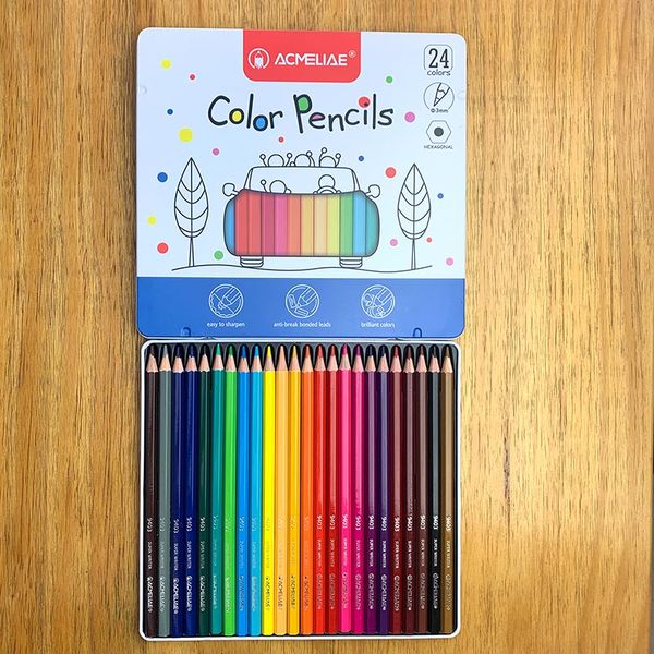 Карандаши цветные 24 шт., деревянные, шестигранные, Acmeliae (в метал. пенале)
