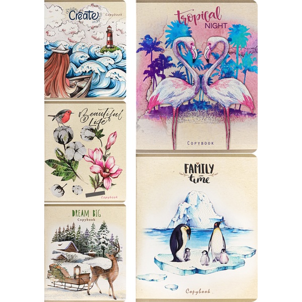 Тетрадь А5, клетка, 48 л., на скобе, 65 г/м², выб. лак "пена", с/у, Collezione Различные рисунки_5 дизайнов Акция!