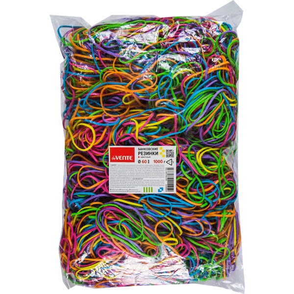 Резинки банковские канцелярские, Ø60 мм, 1000 г (п/п), каучук 100%, микс цветов, deVENTE