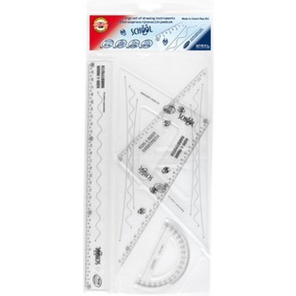 Инструменты чертежные 4 предм.: лин. 30, угол. 45°/17.7 и 30°/25, трансп., KOH-I-NOOR School (прозрачные) Акция!