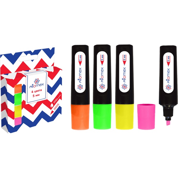 Текстмаркеры 4 цвета, неоновые, ШЛ 1-5 мм, н-к "клин", Attomex