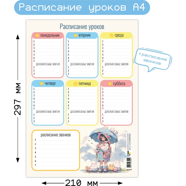 Расписание уроков А4, мел. бумага 200 г/м2, КВАДРА Аниме Расписание уроков А4, мел. бумага 200 г/м2, КВАДРА Аниме
