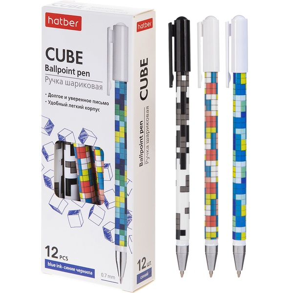 Ручка шариковая синяя, 0.7 мм, метал. н-к, круг. корпус, HATBER Cubes_3 дизайна