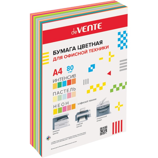 Бумага цветная А4/75-80/90 л., 5 интенсив + 5 пастельн. + 5 неон., ПЭТ с подложкой, deVENTE MIX 15