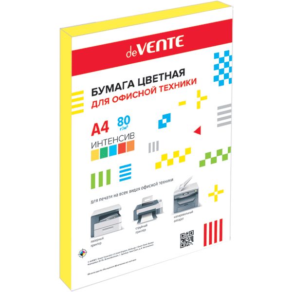 Бумага цветная А4/80/100 л., интенсив, желтая, ПЭТ с подложкой, deVENTE