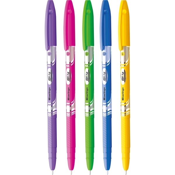 Ручка шариковая синяя, 0.7 мм "игла", рифл. упор, круг. корпус, BERLINGO Blitz_ 5 дизайнов