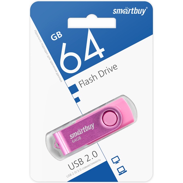 Флеш-накопитель USB 2.0, 64 ГБ, Smartbuy Twist/ Розовый