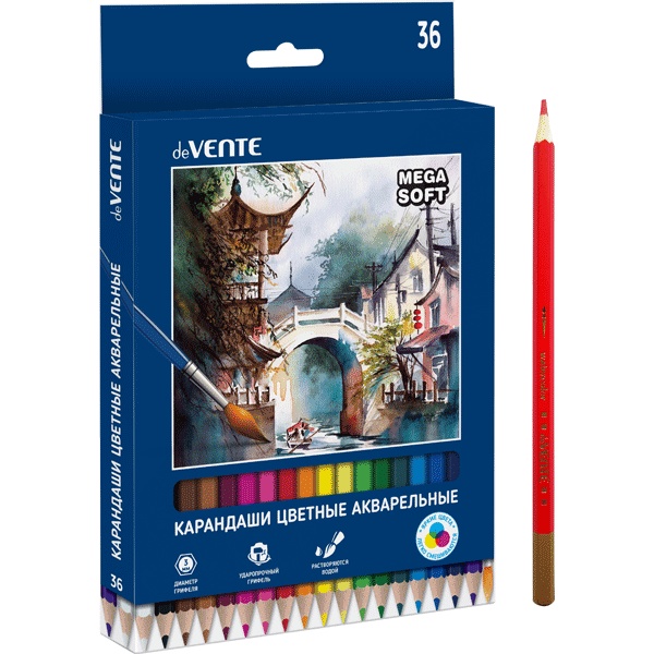 Карандаши акварельные 36 цв., деревянные, шестигранные, 4М, с кистью, deVENTE Triolino Ultra (в к/к) Карандаши акварельные 36 цв., деревянные, шестигранные, 4М, с кистью, deVENTE Triolino Ultra (в к/к)