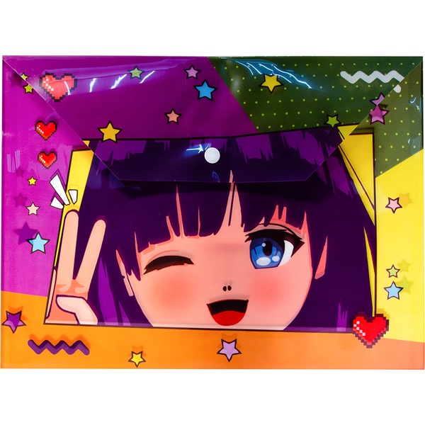 Папка-конверт на кнопке, А4, PP 180 мкм, непрозрачная,  Аниме (акционный товар)!!!