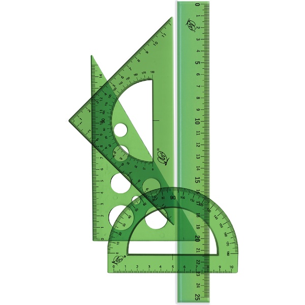Инструменты чертежные 4 предм.: лин. 15, угол. 45°/8 и 30°/10, трансп. 9, ЛУЧ (прозр. зеленый)