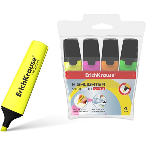 Текстмаркеры 4 цвета, неоновые, ШЛ 0.6-2 мм, н-к "клин", ErichKrause Visioline V-12