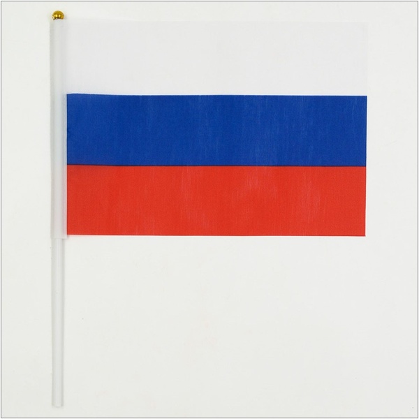 Флажок Российской Федерации (без герба), 14*21 см, 100% полиэф. шелк, с флагштоком