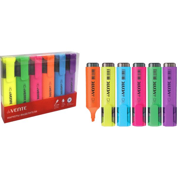 Текстмаркеры 6 цветов, неоновые, ШЛ 1-5 мм, н-к "клин", deVENTE