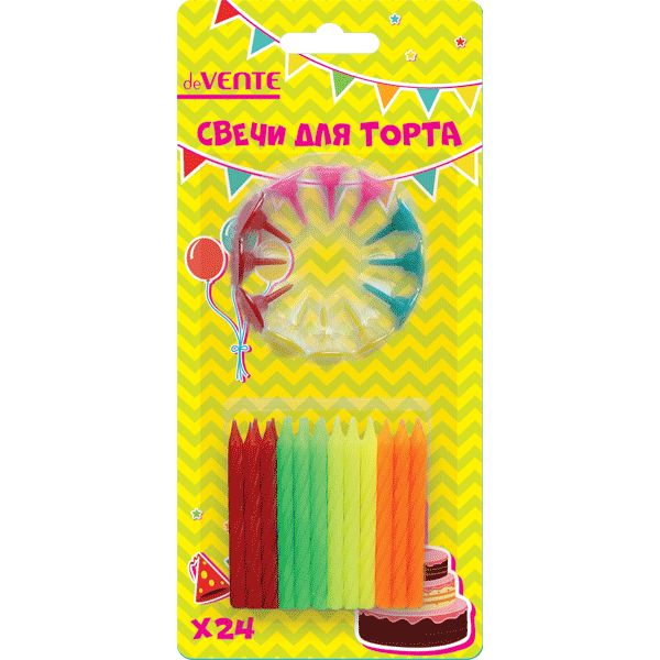 Свечи для торта 24 шт./12 держателей, deVENTE Neon (спиральные)