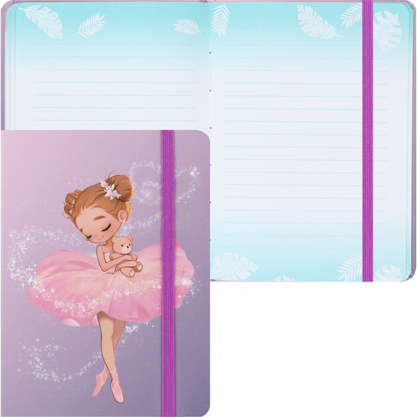 Блокнот в твердом переплете, А6, 64 л., 70 г/м², линия (стилиз.), мат. лам., резинка, КОКОС Small ballerina