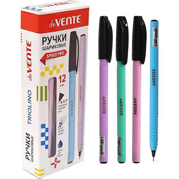 Ручка шариковая синяя, 0.7 мм "игла", рифл. упор, deVENTE Speed Pro_Triolino Pastel_4 дизайна