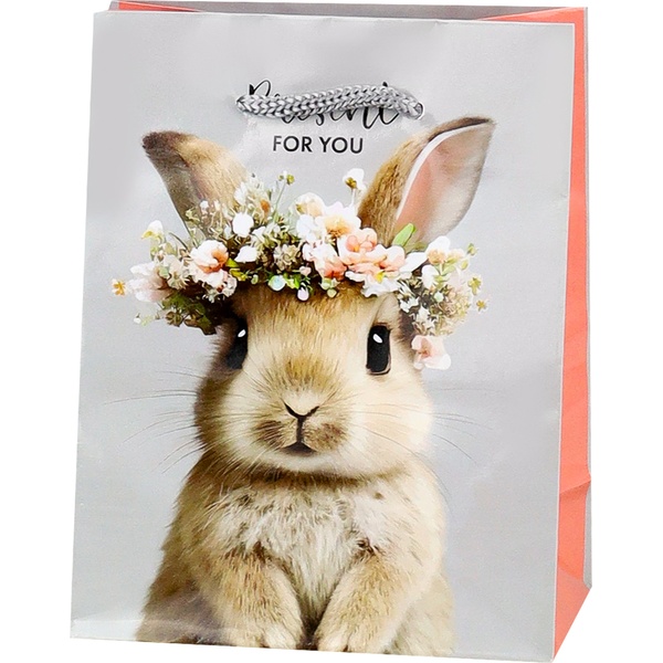 Пакет подарочный, 11.5*14.5*6 см, мел. бумага 128 г/м², глянц., Optima Зайка в веночке Акция!