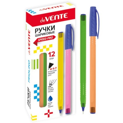 Ручка шариковая синяя, 0.7 мм "игла", рифл. упор, тон. корп., deVENTE Speed Pro_Triolino Neon_4 дизайна