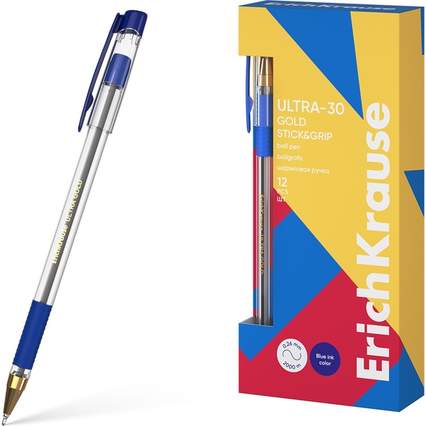 Ручка шариковая синяя, 0.7 мм "игла", эрг. грип, метал. н-к, ErichKrause U-30 Gold Stick&Grip Classic