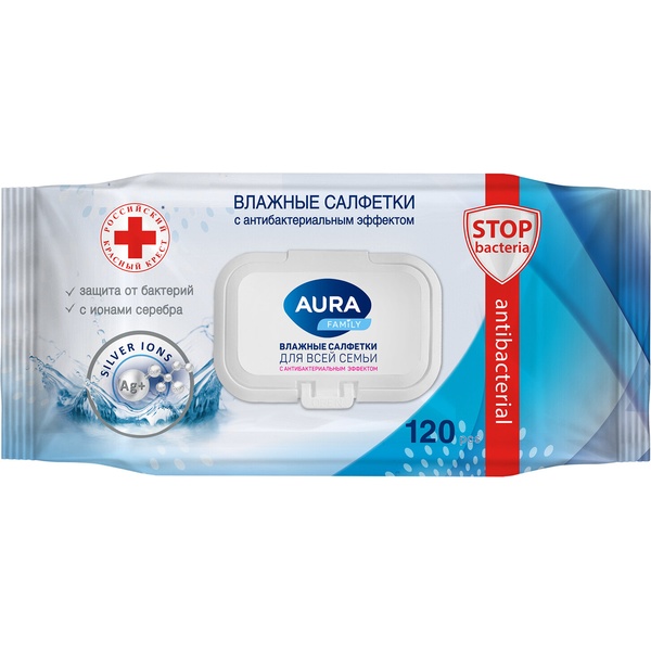 Салфетки влажные 120 шт., антибактериальные с ионами серебра, пласт. клапан, AURA Family