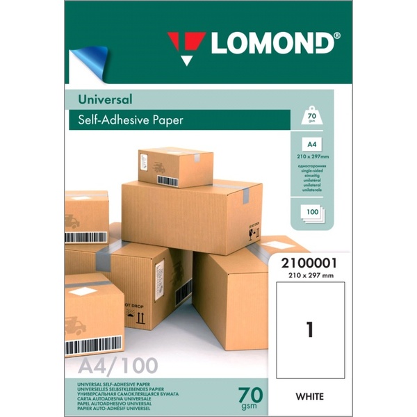 Бумага самоклеящаяся, 210*297 мм, 1 шт./А4, матовая, белая, 70 г/м², 100 л., LOMOND Универсальная