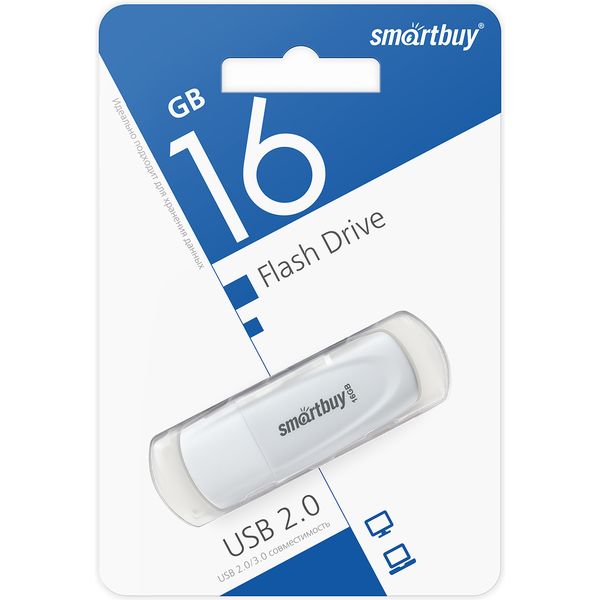 Флеш-накопитель USB 2.0, 16 ГБ, Smartbuy Scout White/белый