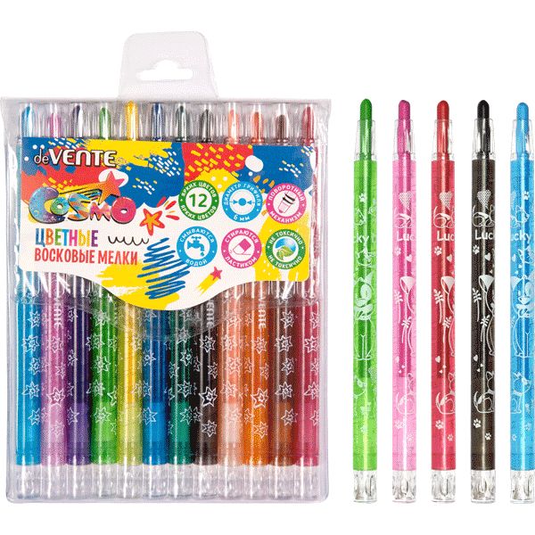 Мелки восковые 12 цветов, пласт. корпус, поворотный м-м, deVENTE Cosmo (пвх блистер)