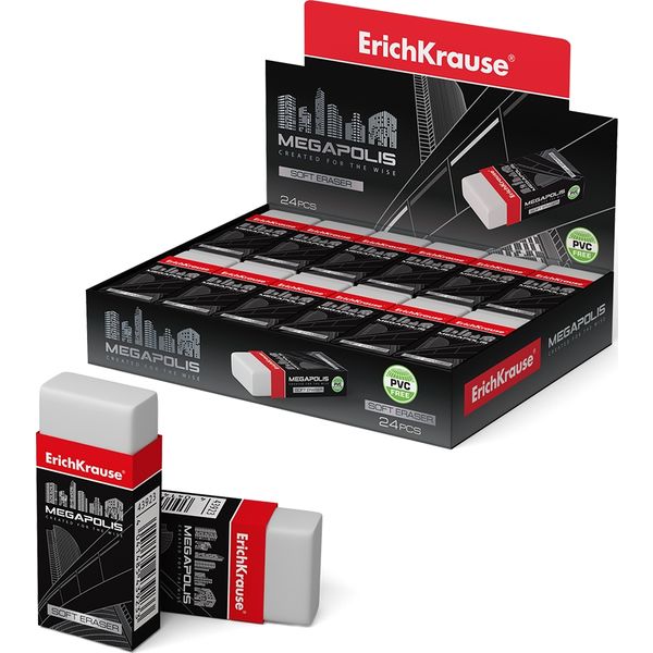 Ластик ErichKrause Megapolis, TPR, прямоугольный, 50*22*12 мм, белый, + картон. держатель
