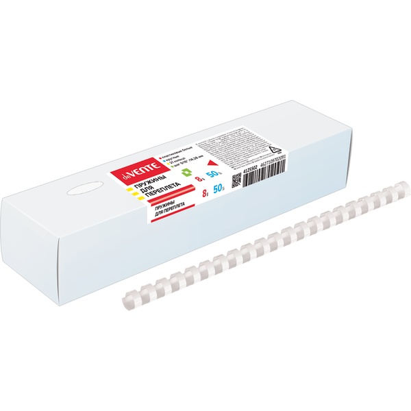 Пружина для переплета пластиковая, Ø8 мм, круглая, сшивает до 40 л., белая, 50 шт/уп, deVENTE