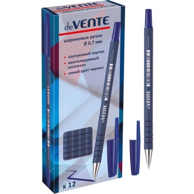 Ручка шариковая синяя, Ø 0.7 мм, рифл. упор, метал. н-к, круг. корп. soft touch, deVENTE Neoline