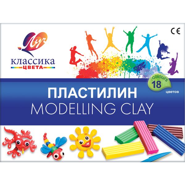 Пластилин классический ЛУЧ Классика цвета: 18 цветов, брусок 20 г, стек (к/к)