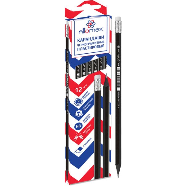 Карандаш чернографитный с ластиком, HB, пластиковый, шестигранный, черный, Attomex Карандаш чернографитный с ластиком, HB, пластиковый, шестигранный, черный, Attomex