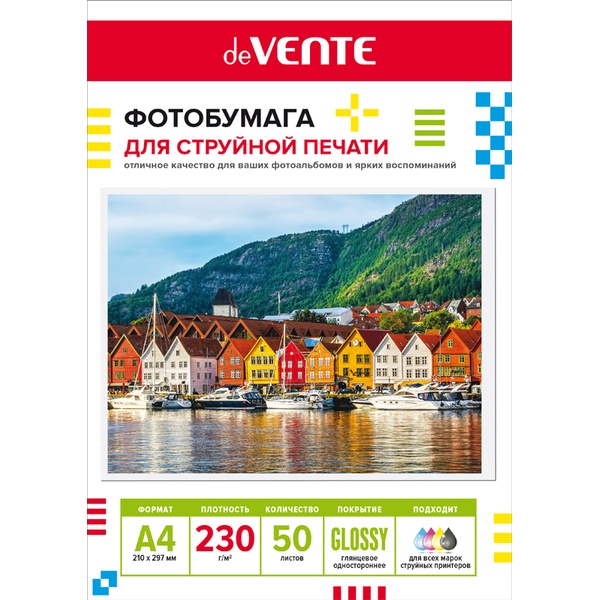 Фотобумага для струйной печати, А4, 50 л., 230 г/м², глянцевая, 1-сторонняя, deVENTE
