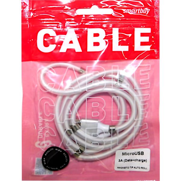 Кабель для зарядки, данных, Micro USB 3A,  магнит, самосворачивающийся отсоед. наконеч. Smartbuy 1 м, прозрачный  Акция!