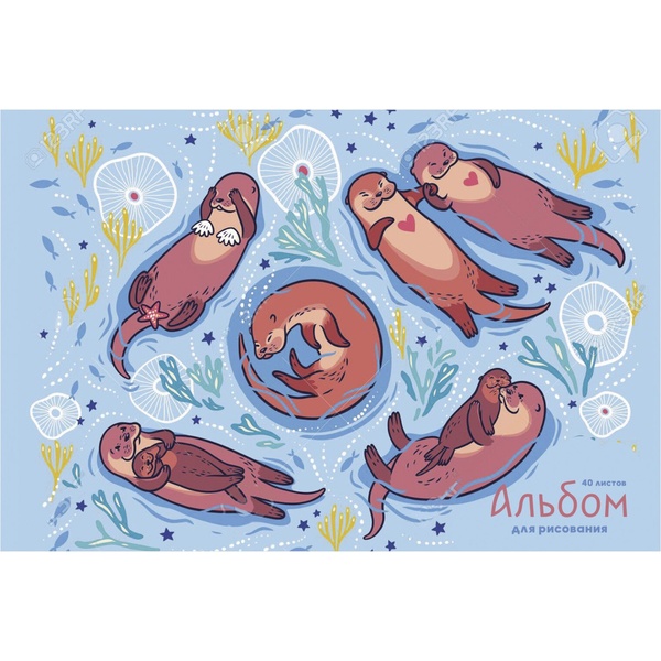 Альбом для рисования А4, 40 л., скоба, 110 г/м², выб. лак, блестки, Listoff Выдры на отдыхе