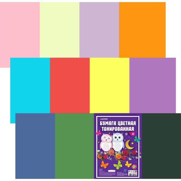 Бумага цветная тонированная 12 цв., 12 л., A4, 2-ст., 80 г/м2, в п/п, deVENTE