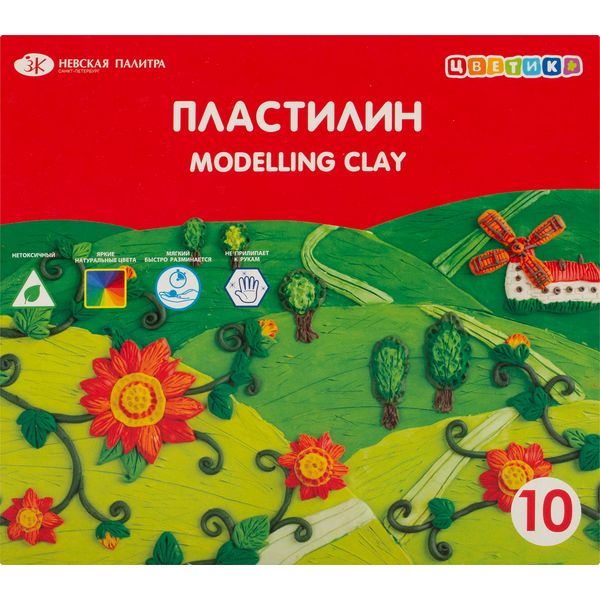 Пластилин классический ЦВЕТИК: 10 цветов, брусок 15 г, стек (к/к) Акция!